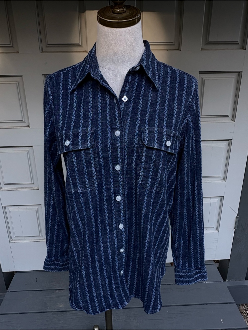 Lands' End Blue Denim Wabash Utility Stripe Chambray Button Down Shirt